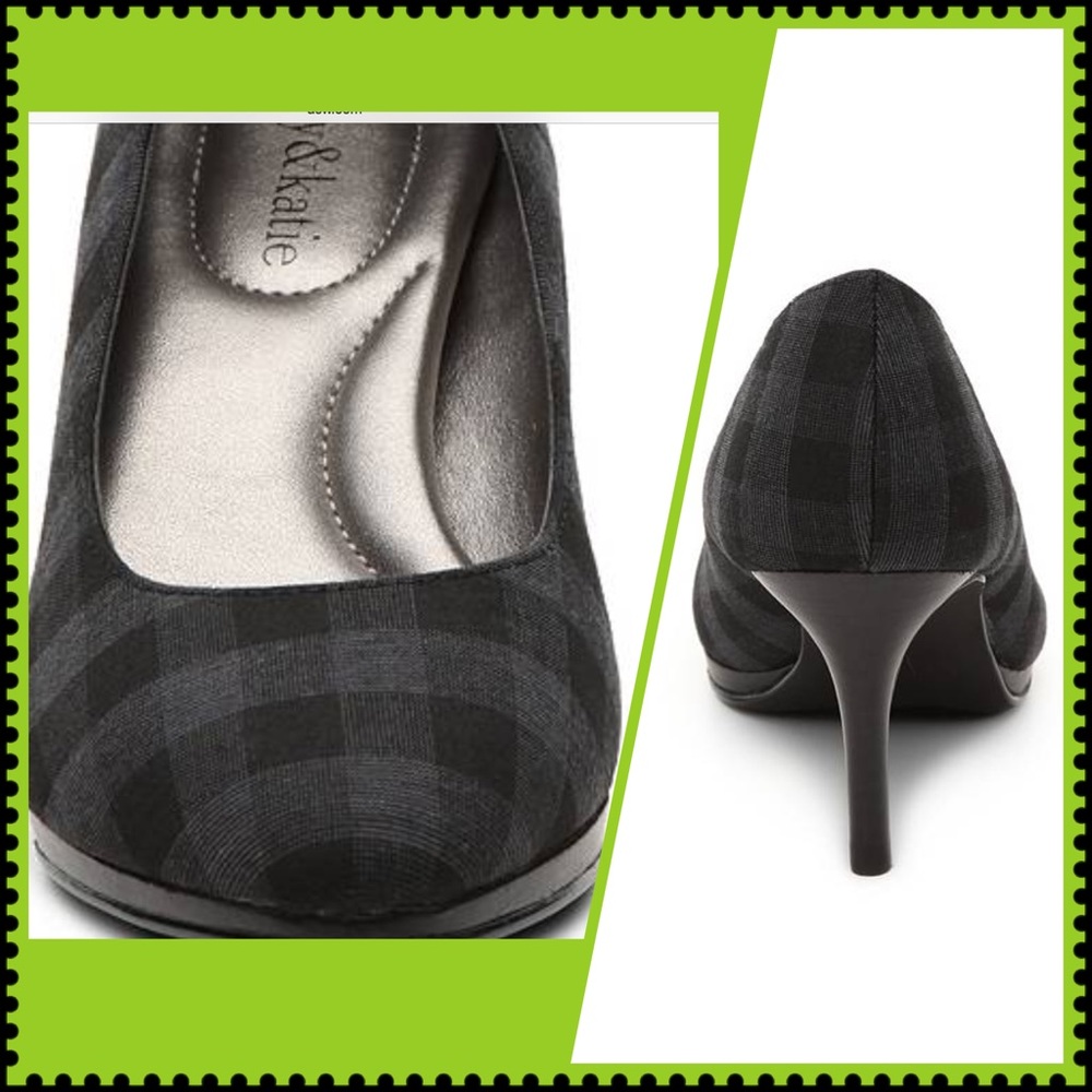 KELLY & KATIE ALMOND TOE GREY & BLACK PLAID PLATFORM HEELS - Picture 4 of 11